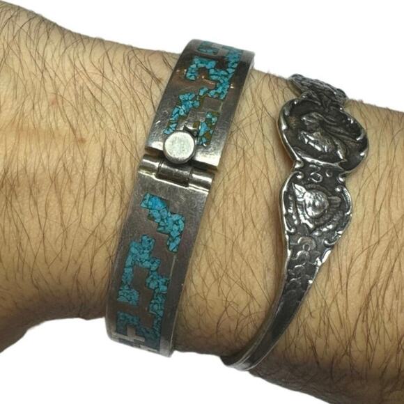 Vintage 925 TC Mexico Sterling Silver Turquoise Inlay Bangle Bracelet - 67 Grams - Picture 10 of 11